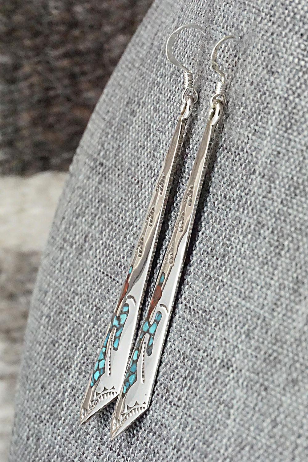 Turquoise & Coral Chip Inlay Sterling Silver Earrings - Jolene Yazzie