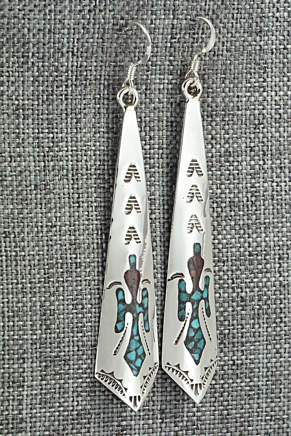 Turquoise & Coral Chip Inlay Sterling Silver Earrings - Jolene Yazzie