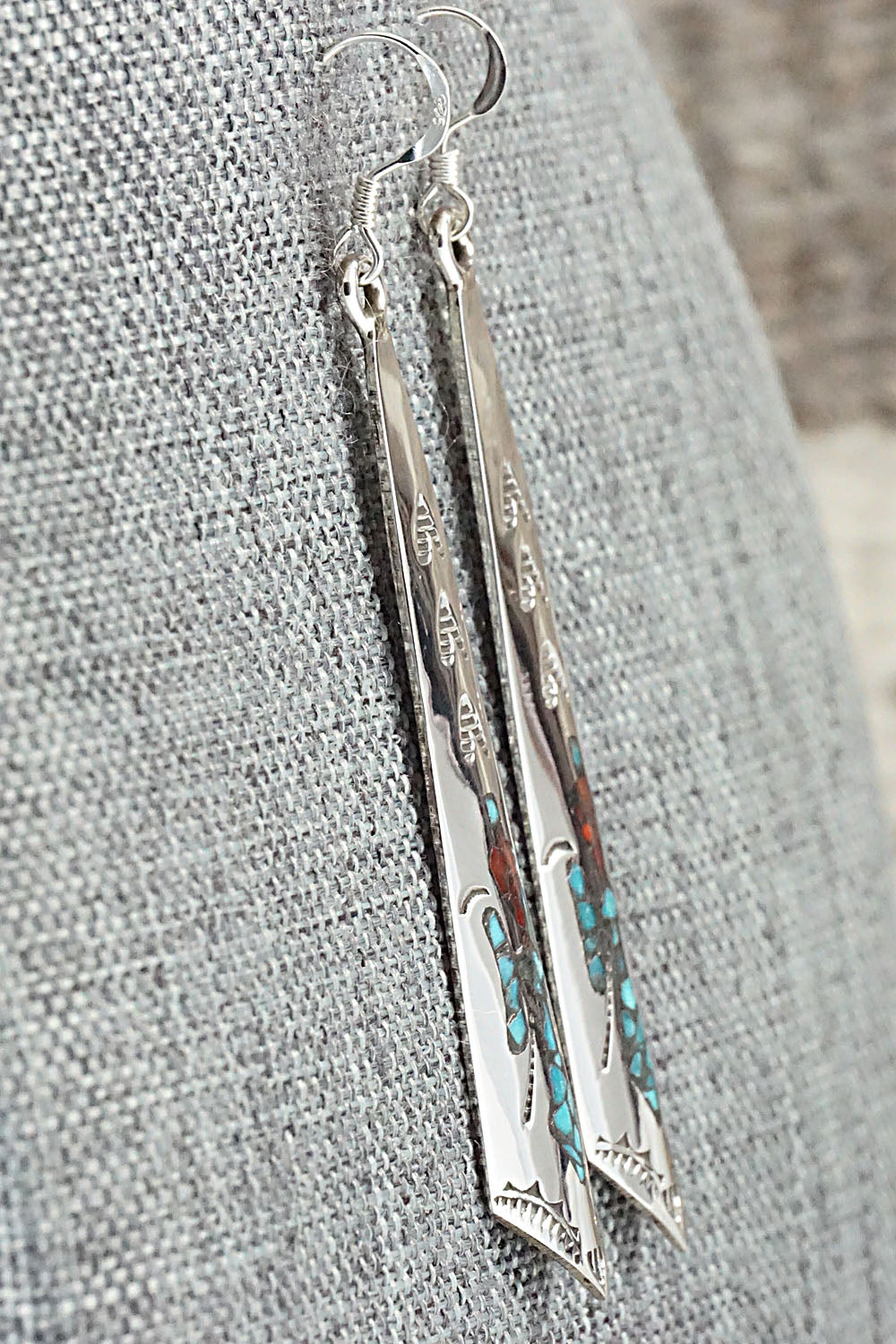 Turquoise & Coral Chip Inlay Sterling Silver Earrings - Jolene Yazzie