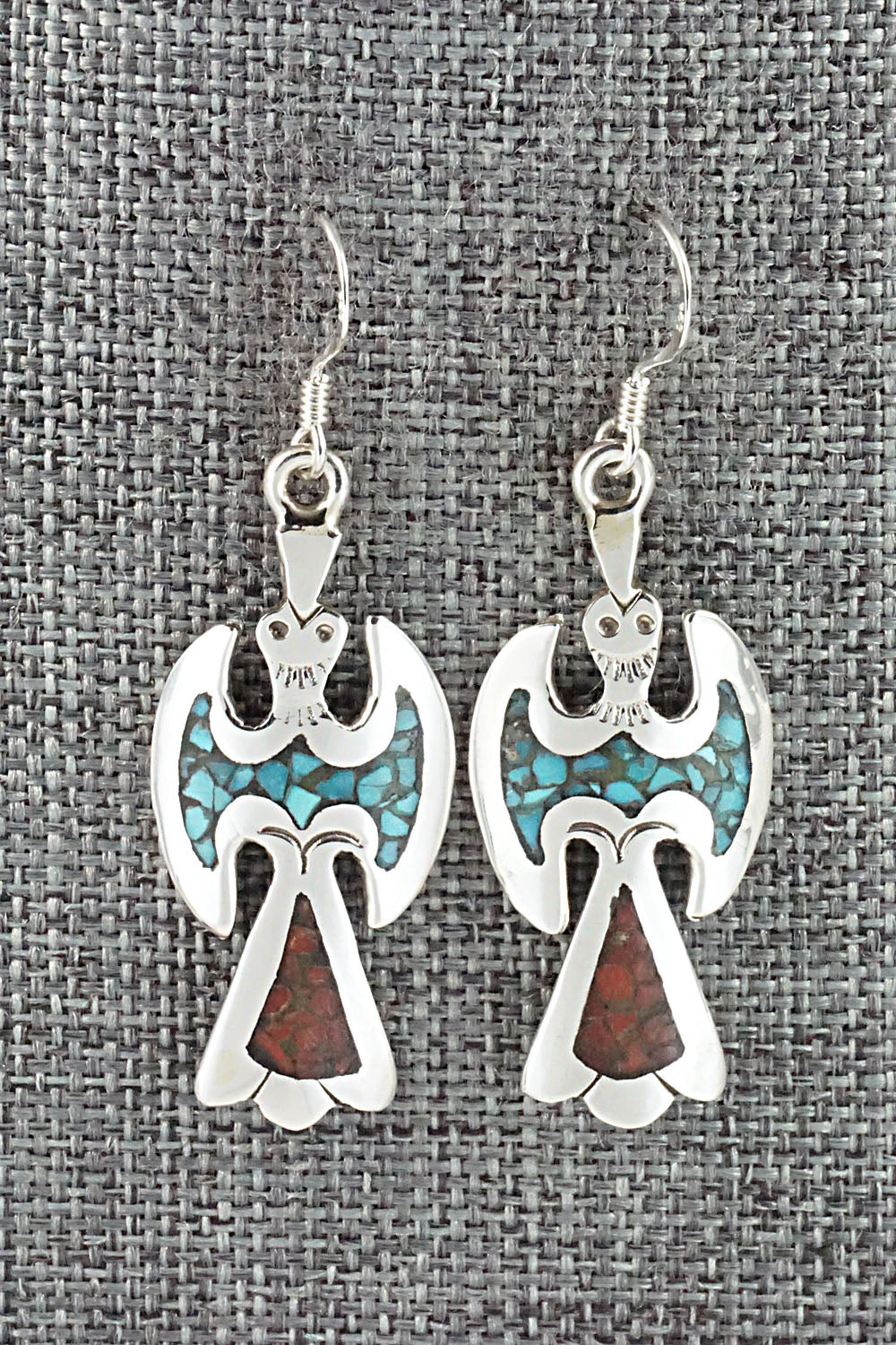 Turquoise & Coral Chip Inlay Sterling Silver Earrings - Jolene Yazzie