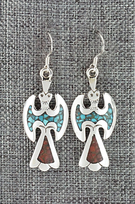 Turquoise & Coral Chip Inlay Sterling Silver Earrings - Jolene Yazzie