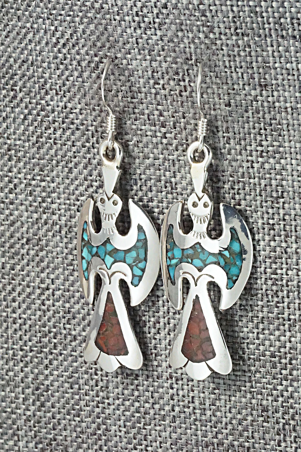 Turquoise & Coral Chip Inlay Sterling Silver Earrings - Jolene Yazzie