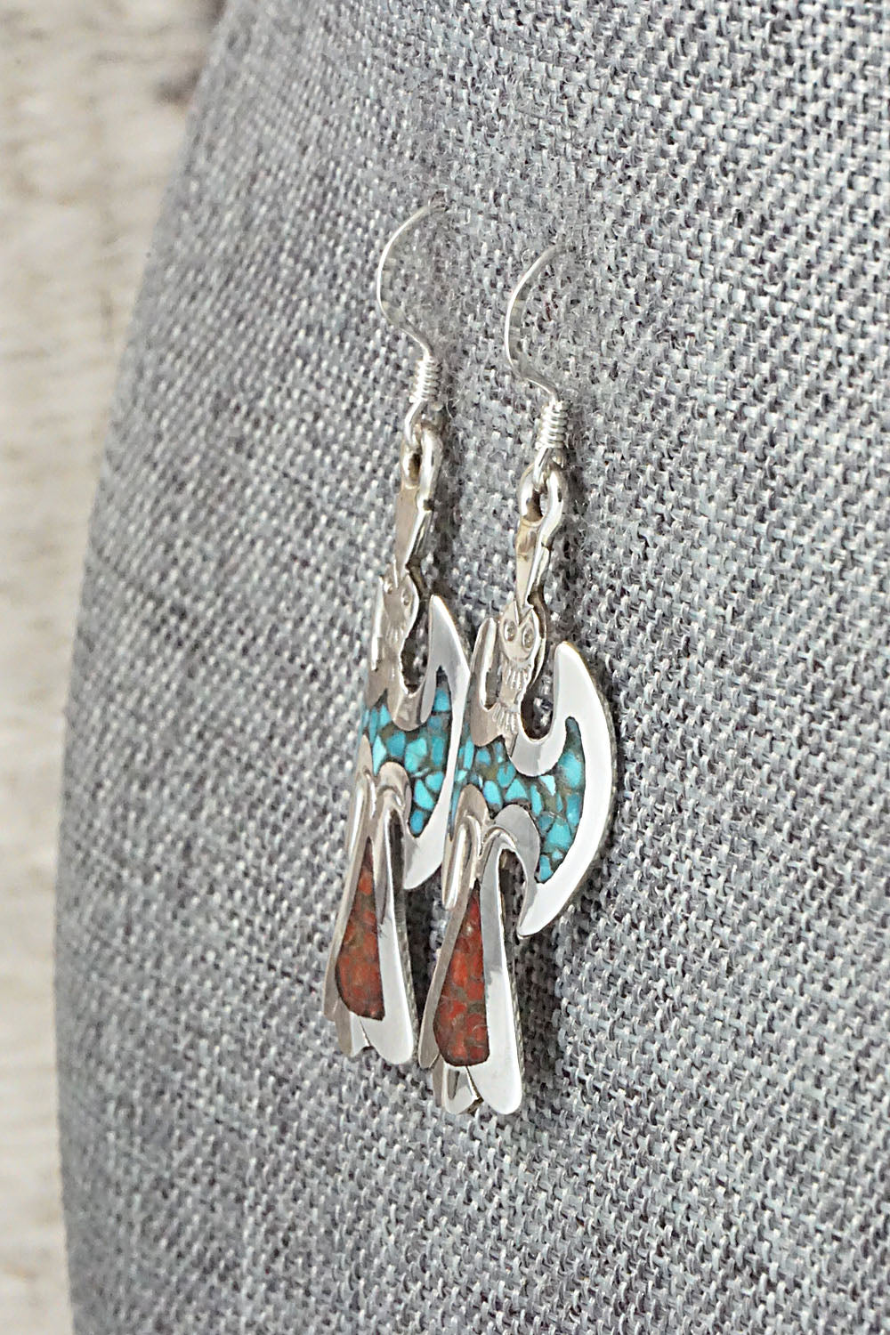 Turquoise & Coral Chip Inlay Sterling Silver Earrings - Jolene Yazzie