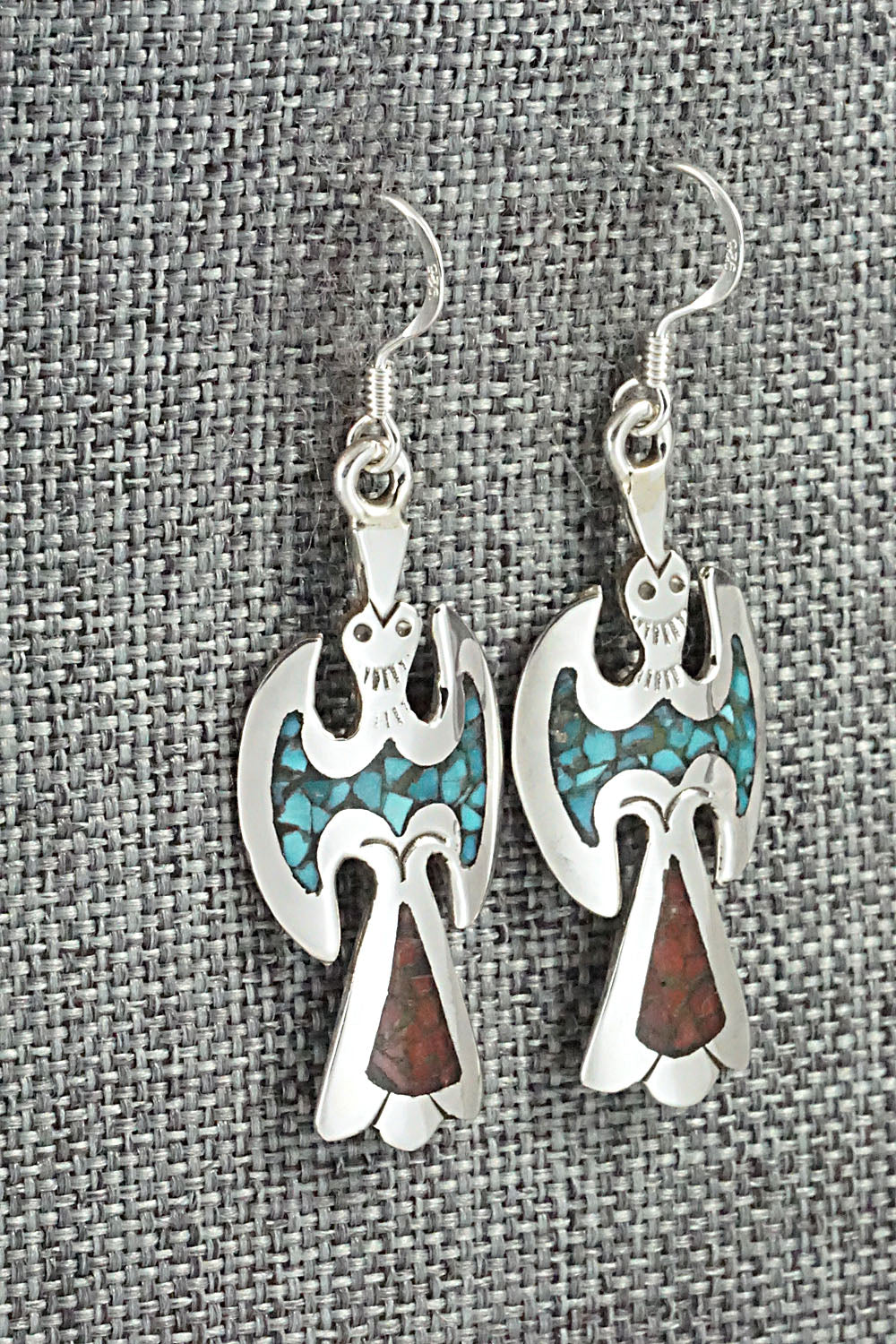 Turquoise & Coral Chip Inlay Sterling Silver Earrings - Jolene Yazzie