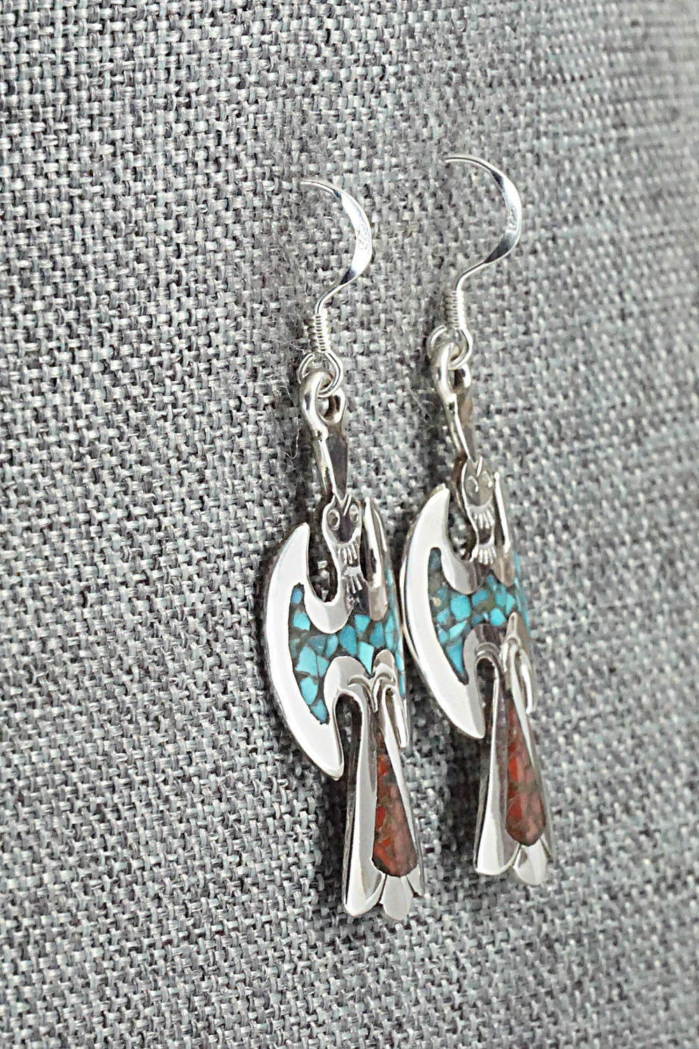 Turquoise & Coral Chip Inlay Sterling Silver Earrings - Jolene Yazzie