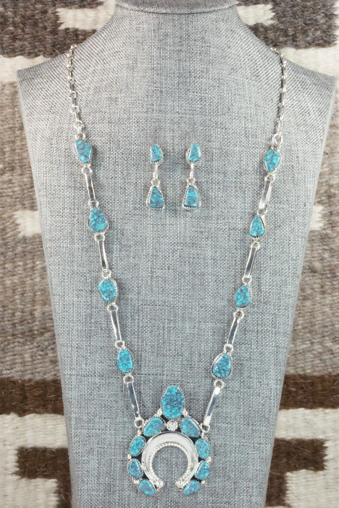 Turquoise & Sterling Silver Necklace and Earrings Set - Vangie Tsabetsaye
