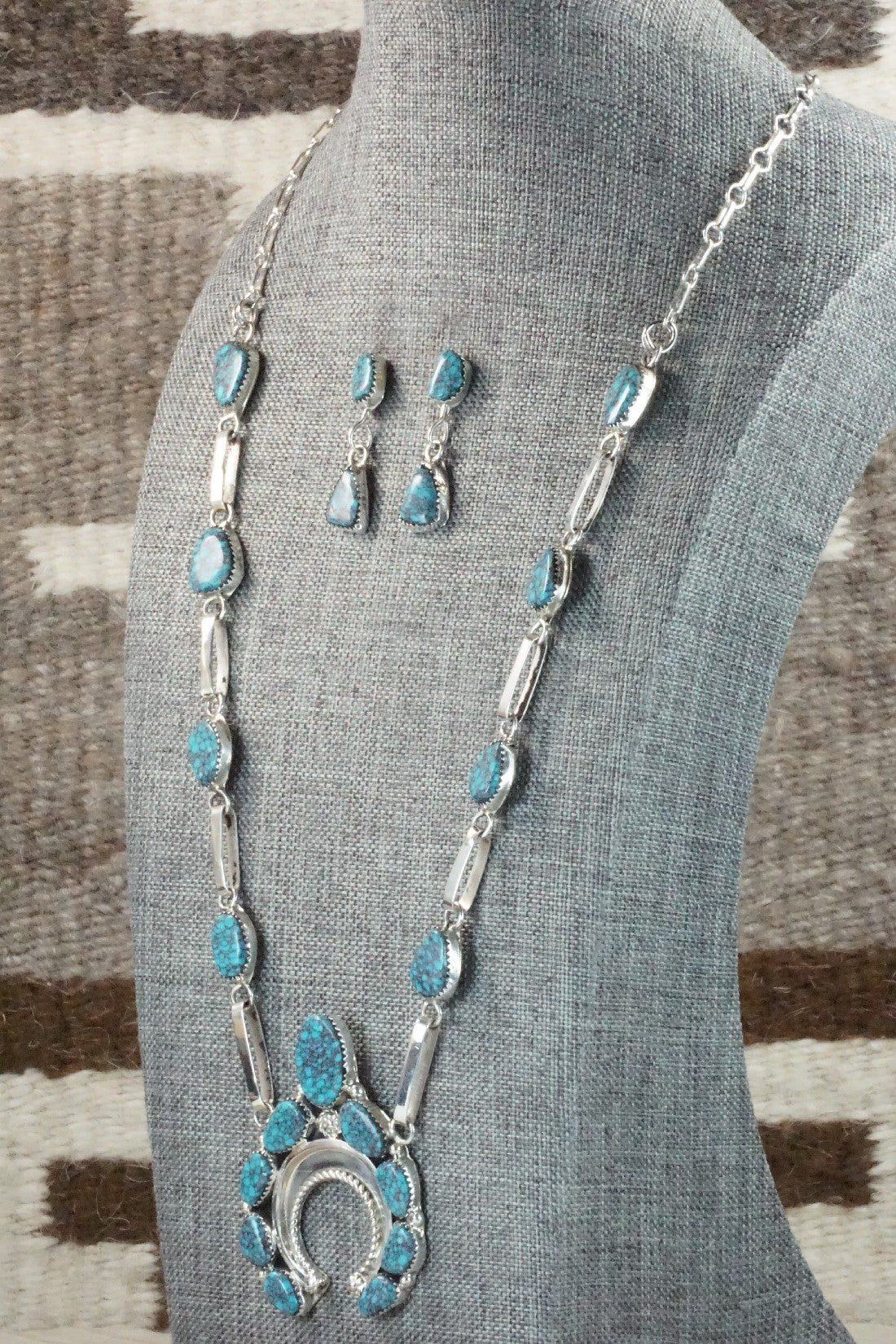 Turquoise & Sterling Silver Necklace and Earrings Set - Vangie Tsabetsaye