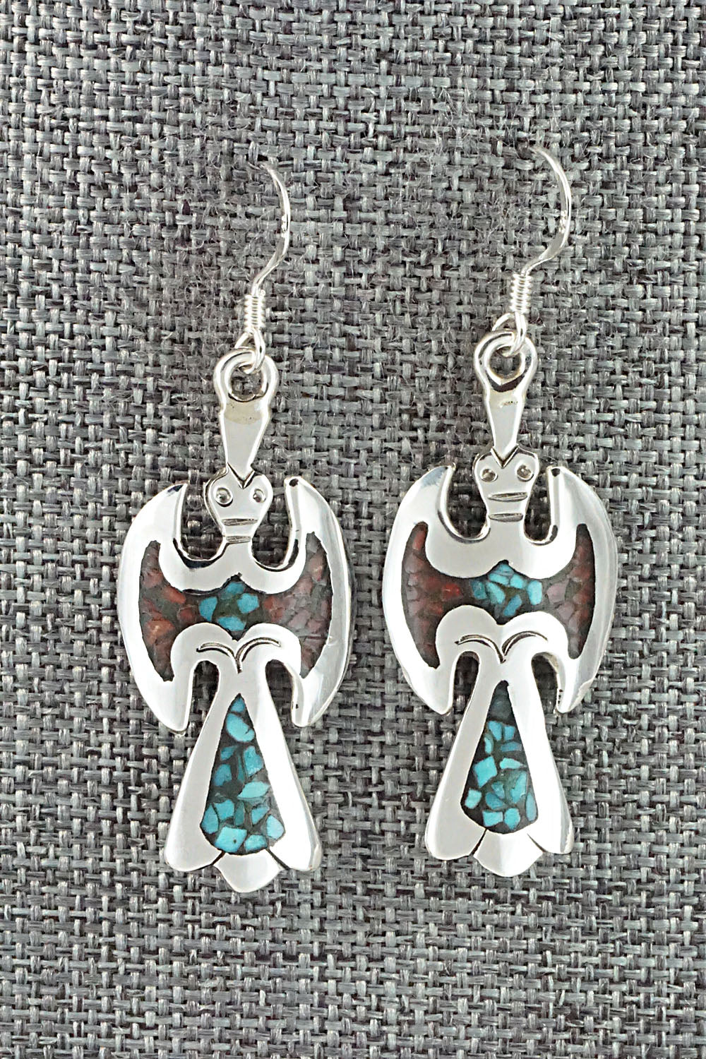 Turquoise & Coral Chip Inlay Sterling Silver Earrings - Jolene Yazzie