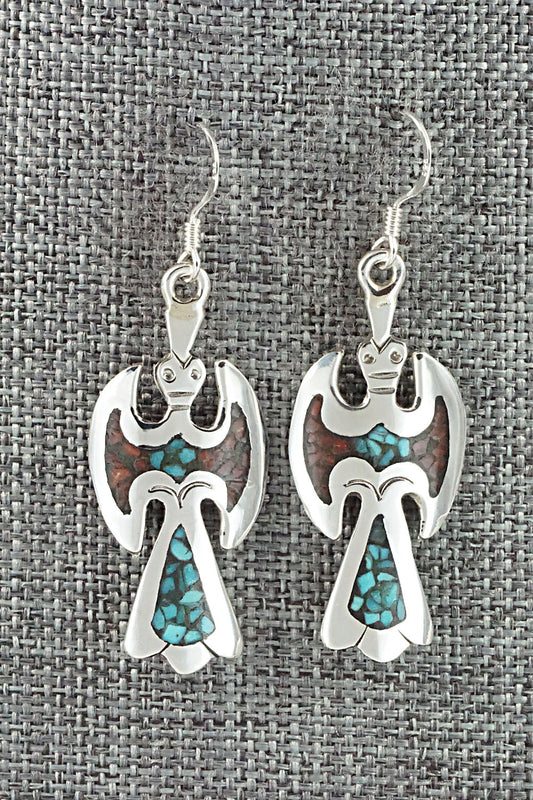 Turquoise & Coral Chip Inlay Sterling Silver Earrings - Jolene Yazzie