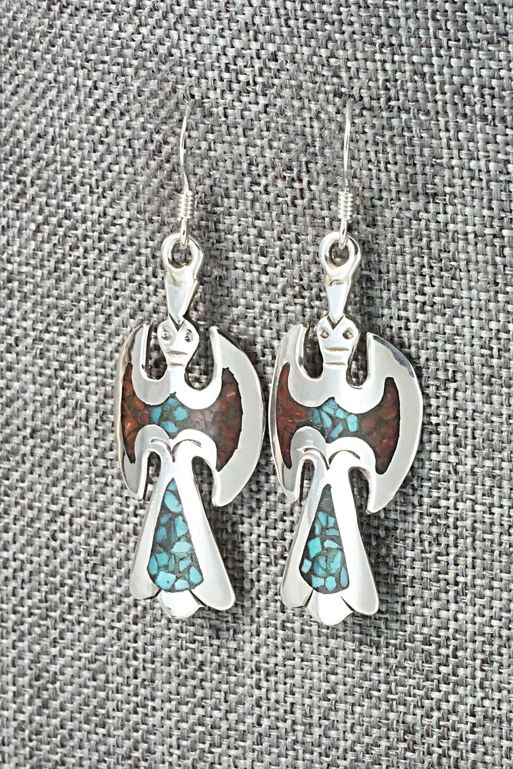Turquoise & Coral Chip Inlay Sterling Silver Earrings - Jolene Yazzie