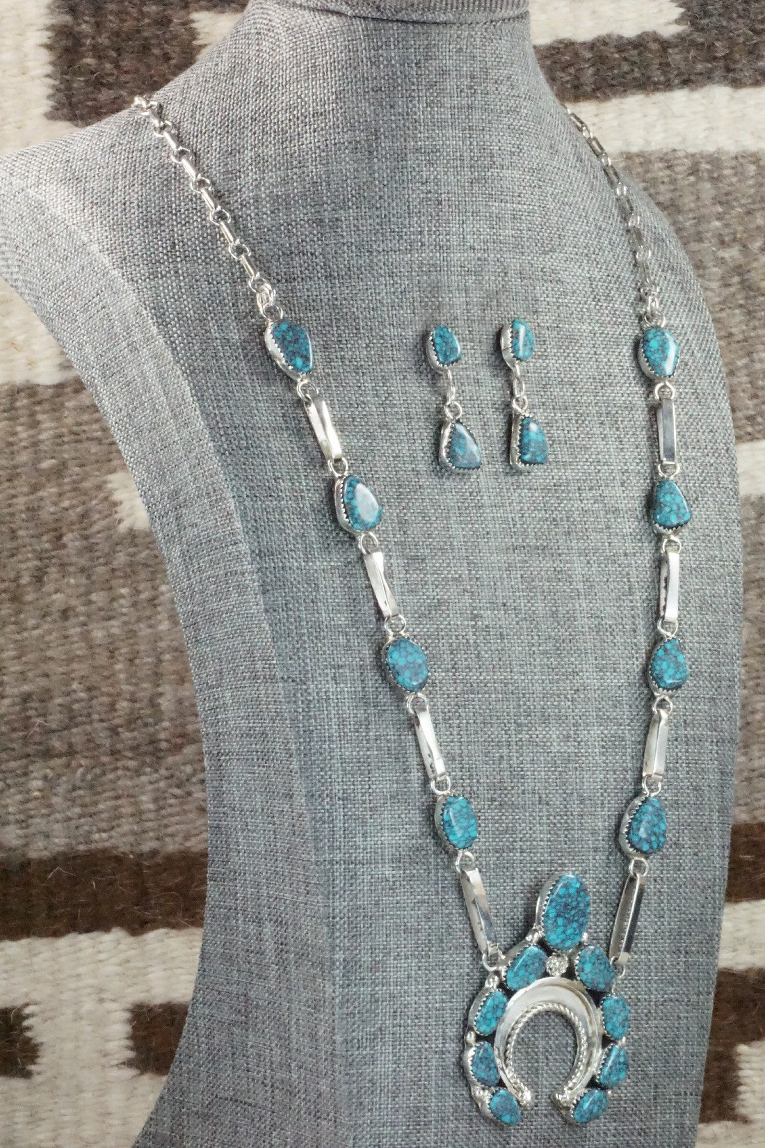 Turquoise & Sterling Silver Necklace and Earrings Set - Vangie Tsabetsaye