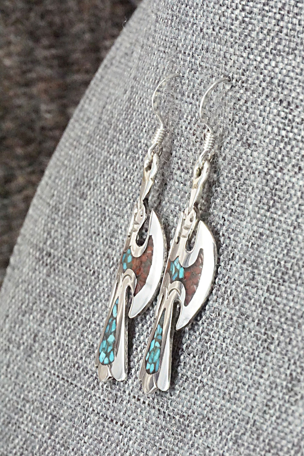 Turquoise & Coral Chip Inlay Sterling Silver Earrings - Jolene Yazzie