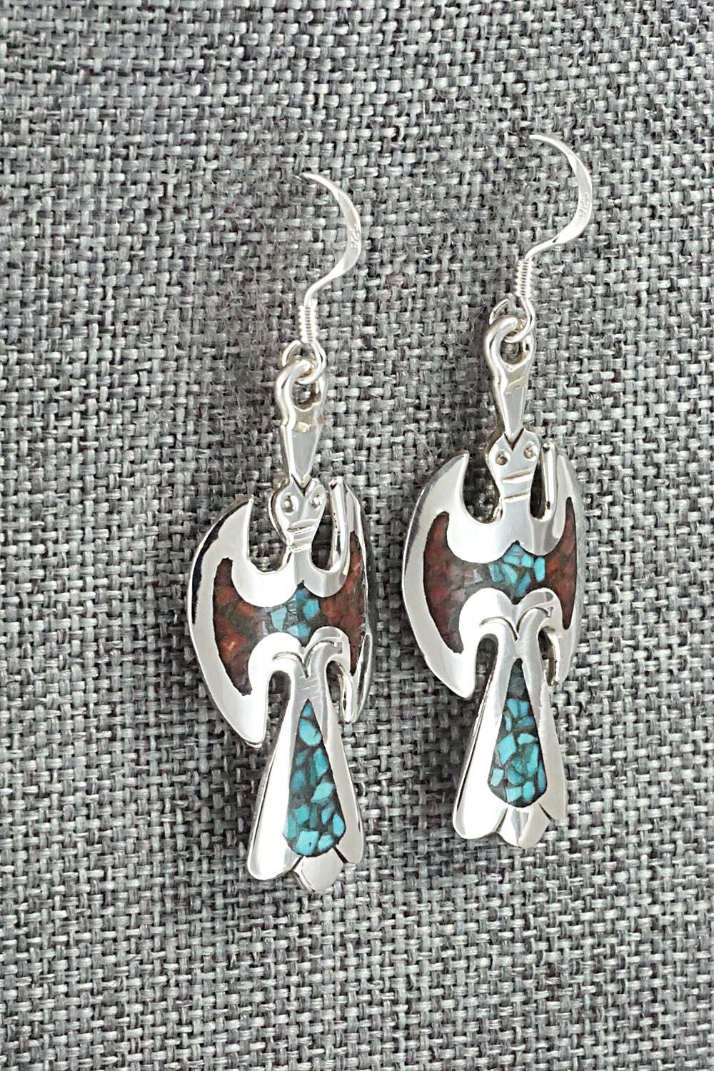 Turquoise & Coral Chip Inlay Sterling Silver Earrings - Jolene Yazzie