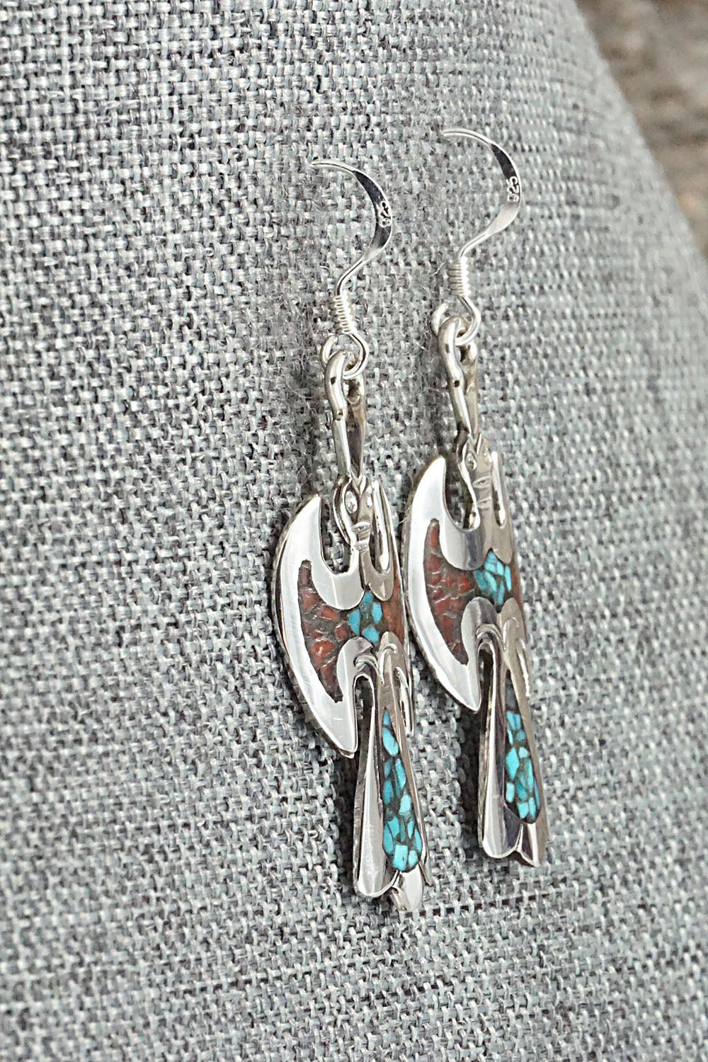 Turquoise & Coral Chip Inlay Sterling Silver Earrings - Jolene Yazzie