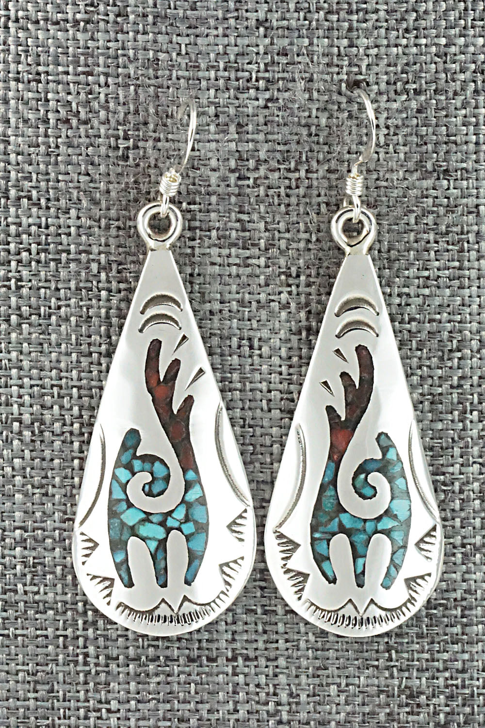 Turquoise & Coral Chip Inlay Sterling Silver Earrings - Jolene Yazzie