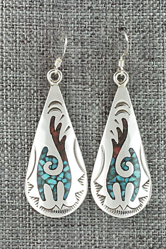 Turquoise & Coral Chip Inlay Sterling Silver Earrings - Jolene Yazzie