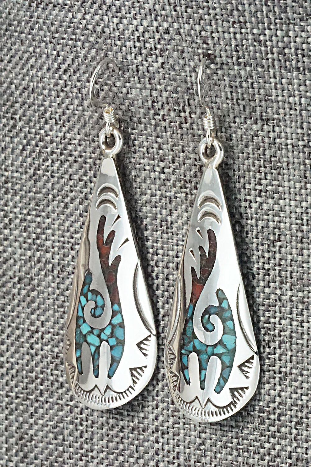 Turquoise & Coral Chip Inlay Sterling Silver Earrings - Jolene Yazzie