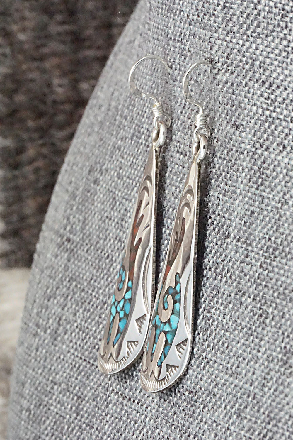 Turquoise & Coral Chip Inlay Sterling Silver Earrings - Jolene Yazzie