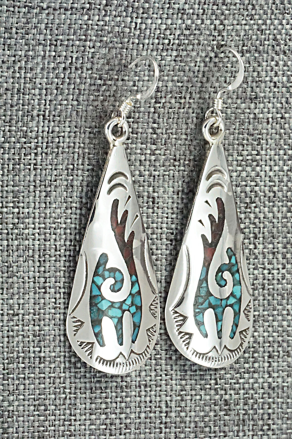 Turquoise & Coral Chip Inlay Sterling Silver Earrings - Jolene Yazzie