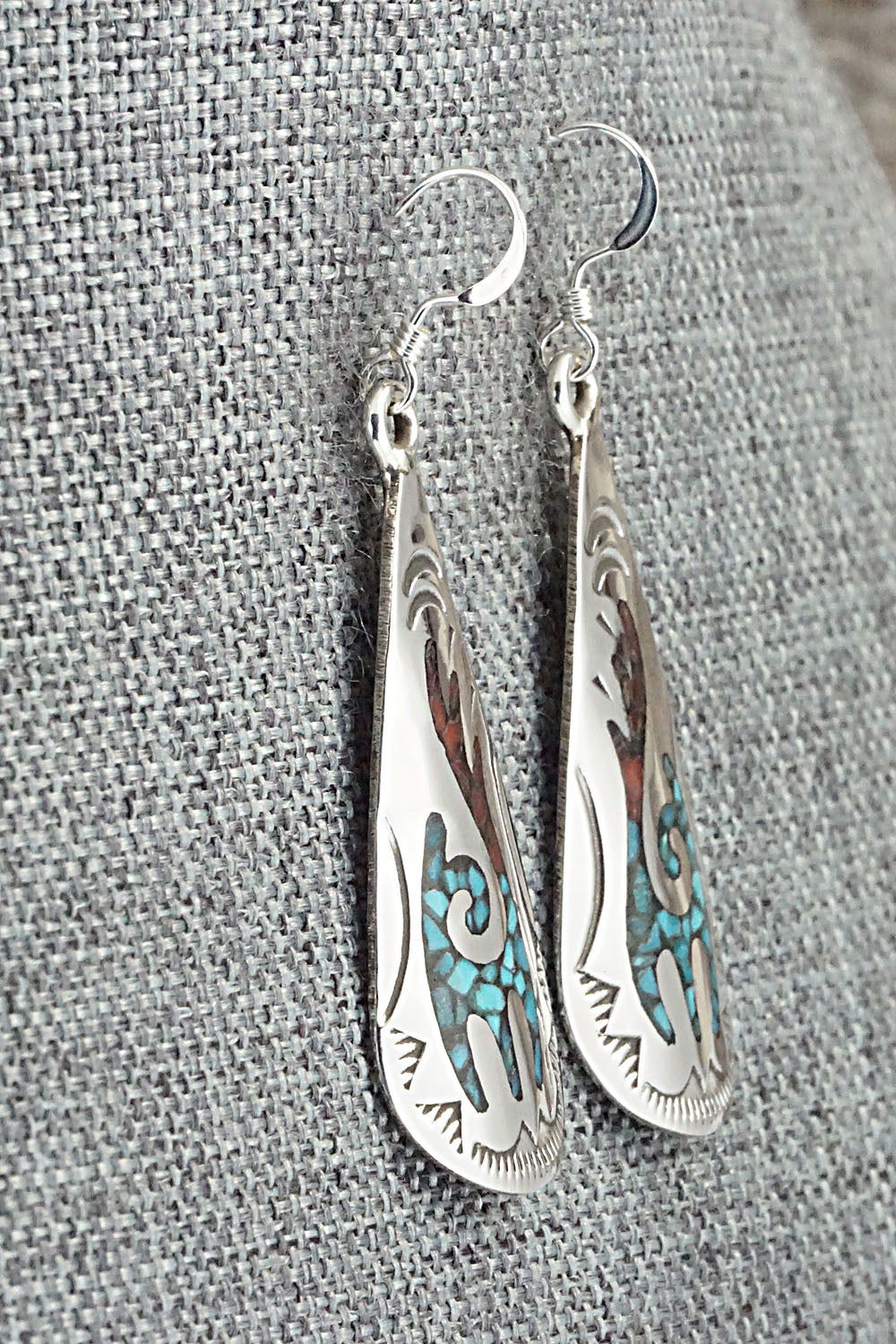 Turquoise & Coral Chip Inlay Sterling Silver Earrings - Jolene Yazzie