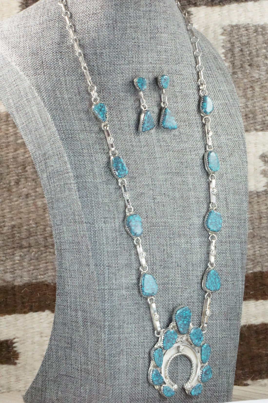 Turquoise & Sterling Silver Necklace and Earrings Set - Vangie Tsabetsaye
