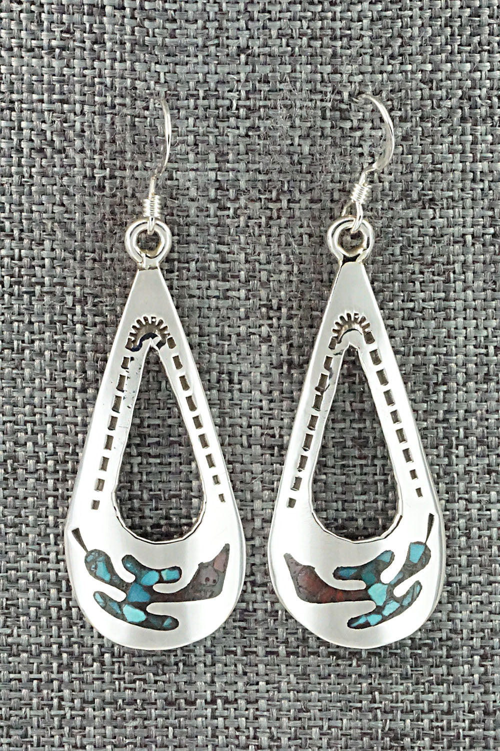 Turquoise & Coral Chip Inlay Sterling Silver Earrings - Jolene Yazzie