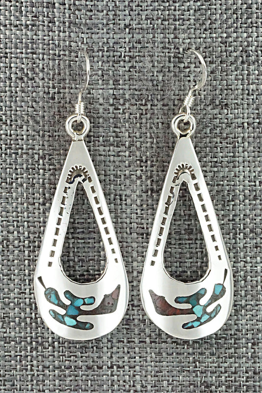 Turquoise & Coral Chip Inlay Sterling Silver Earrings - Jolene Yazzie