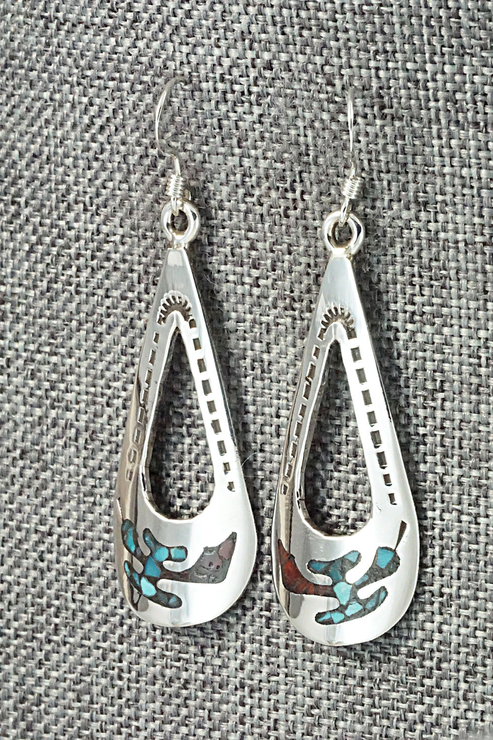 Turquoise & Coral Chip Inlay Sterling Silver Earrings - Jolene Yazzie