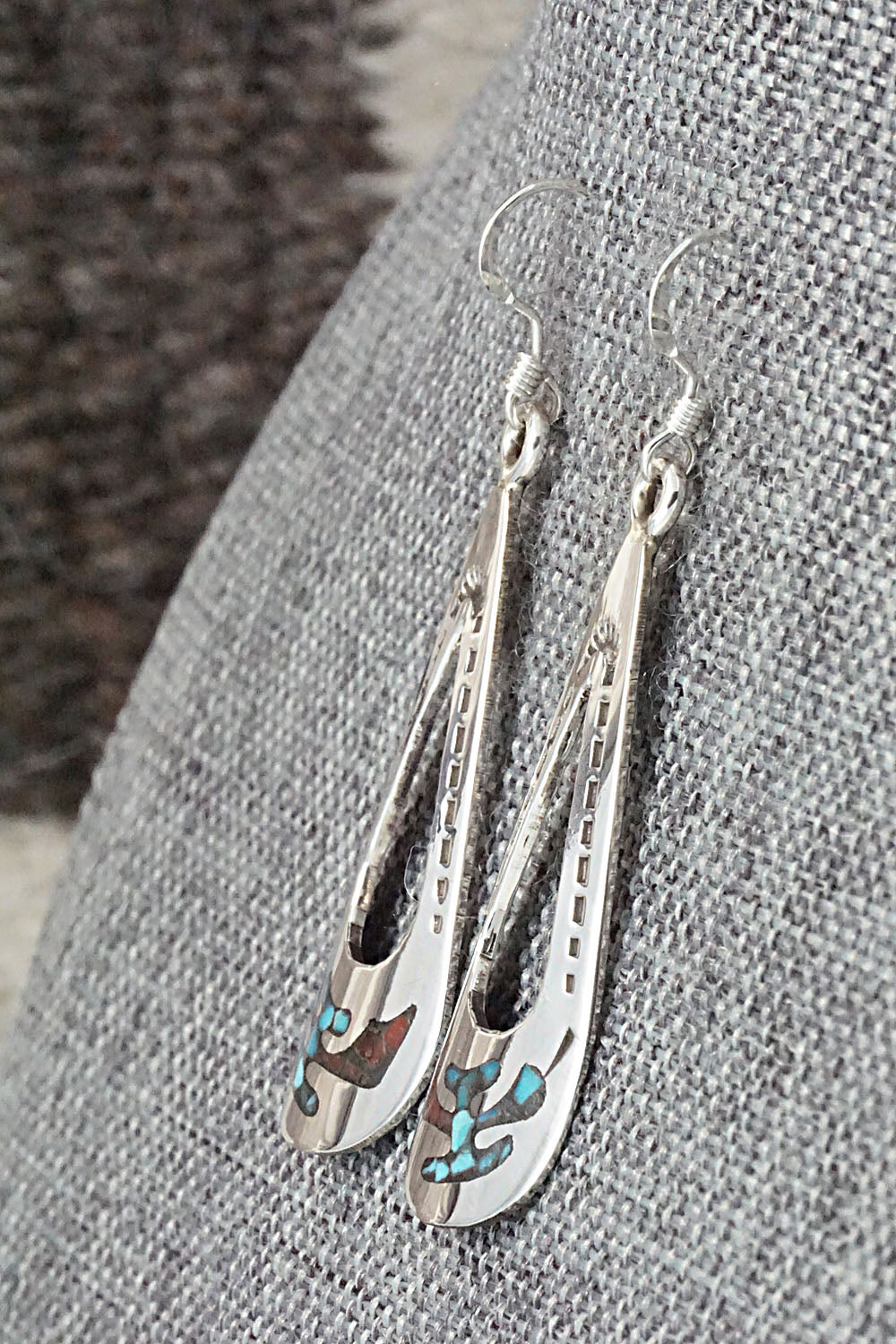 Turquoise & Coral Chip Inlay Sterling Silver Earrings - Jolene Yazzie