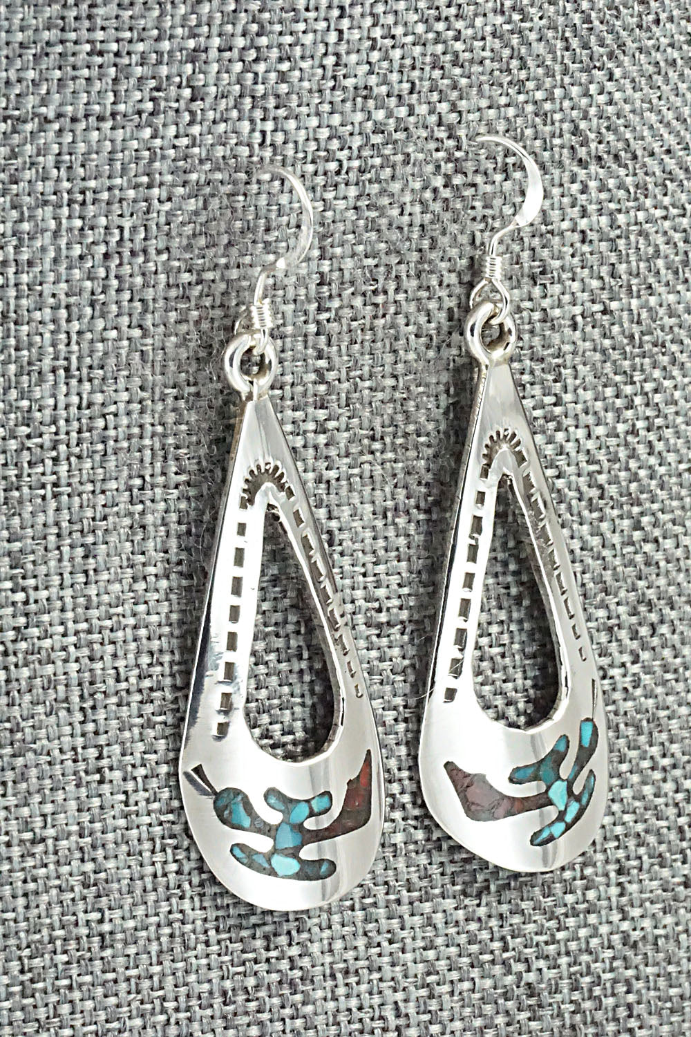 Turquoise & Coral Chip Inlay Sterling Silver Earrings - Jolene Yazzie