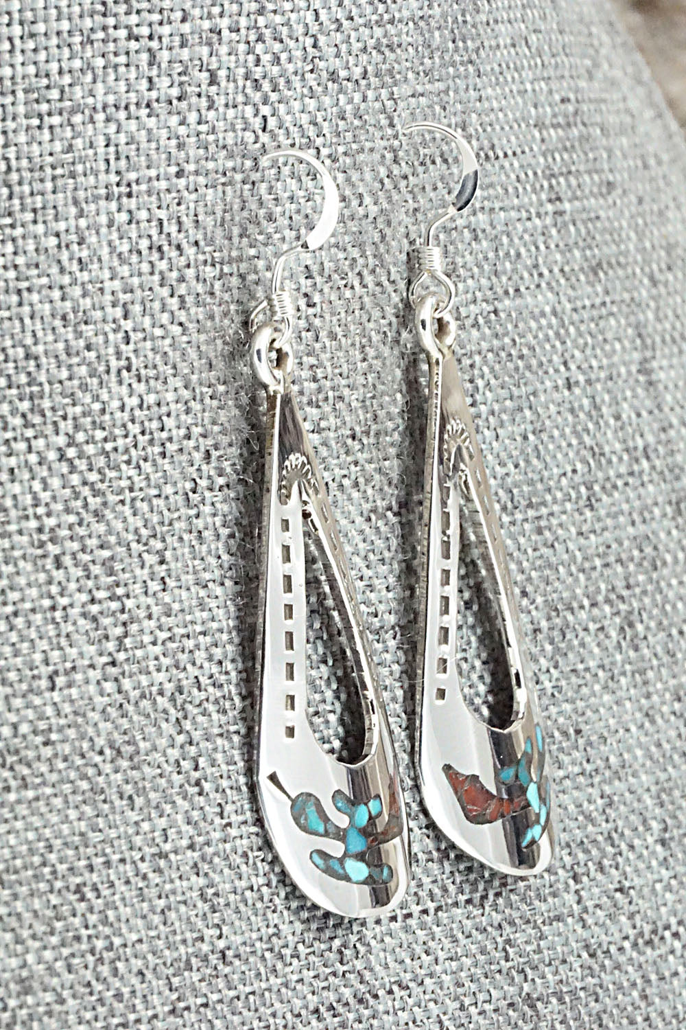 Turquoise & Coral Chip Inlay Sterling Silver Earrings - Jolene Yazzie