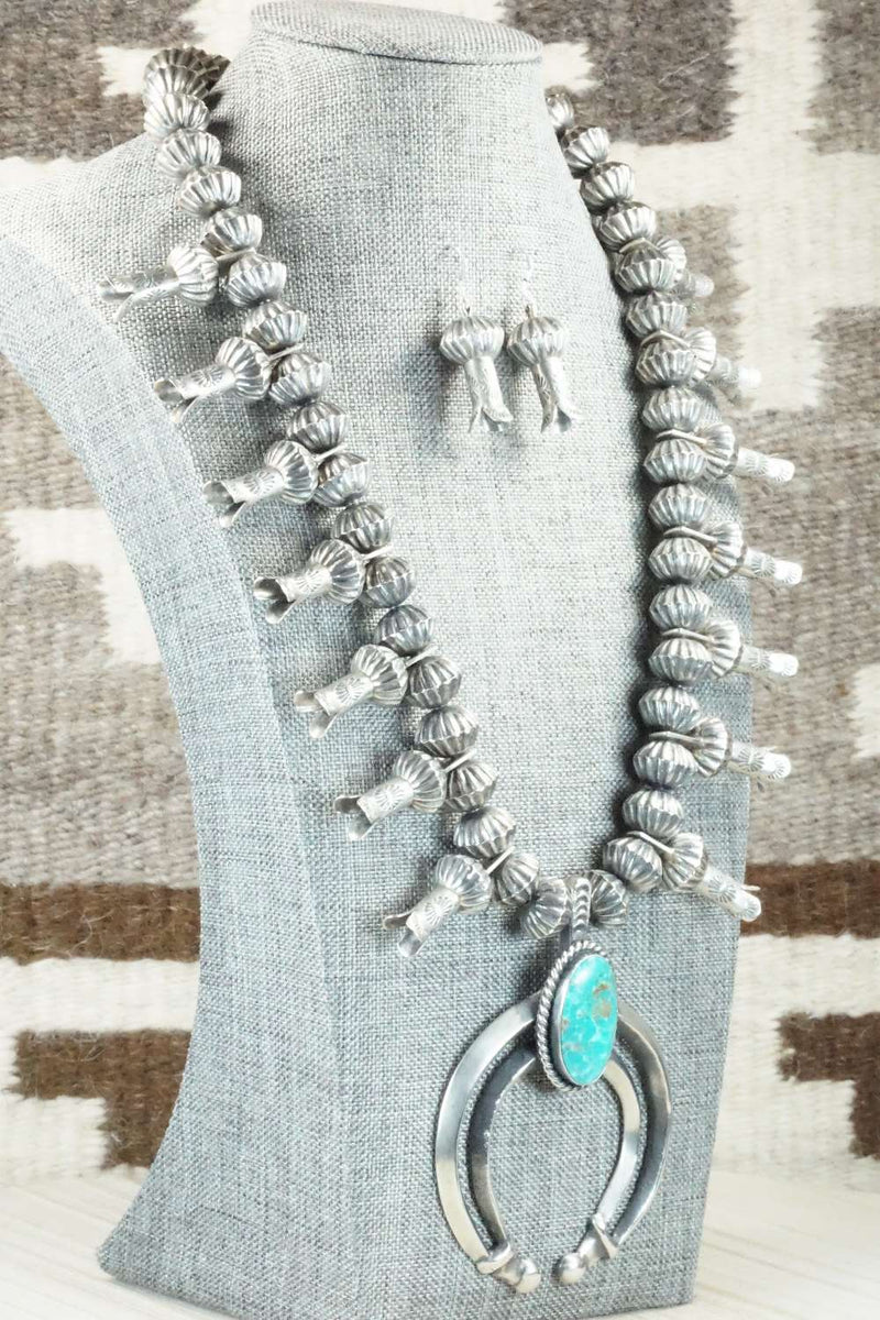 Turquoise & Sterling Silver Squash Blossom Necklace and Earrings - Chris Hale