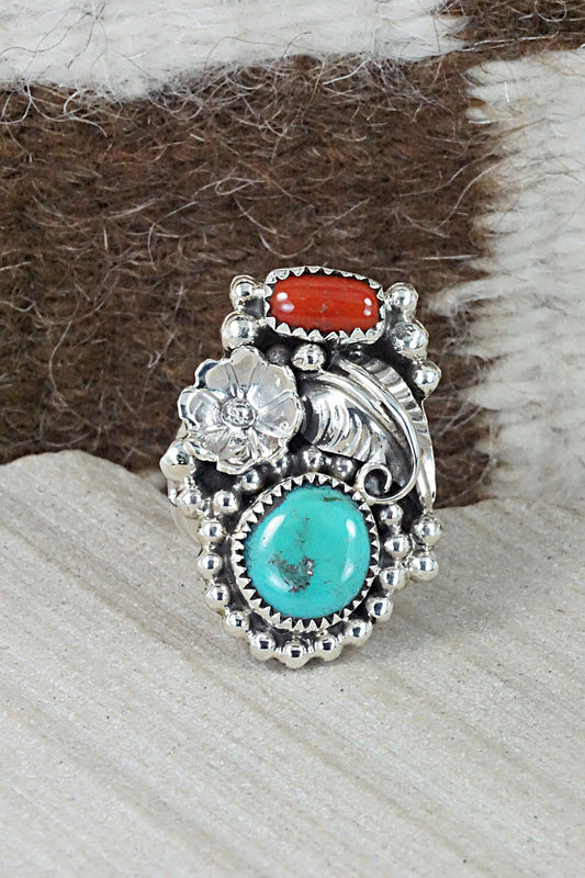 Turquoise, Coral & Sterling Silver Ring - Sandra Parkett - Size 8.75