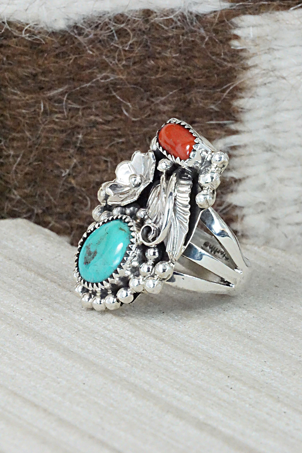 Turquoise, Coral & Sterling Silver Ring - Sandra Parkett - Size 8.75