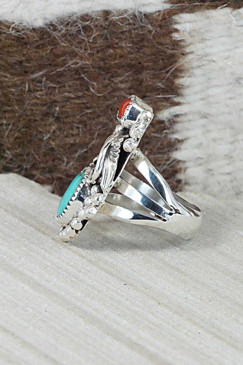 Turquoise, Coral & Sterling Silver Ring - Sandra Parkett - Size 8.75