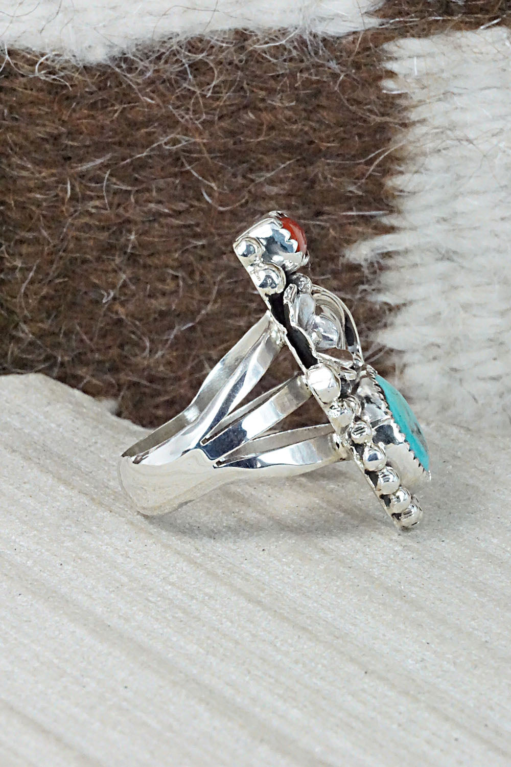 Turquoise, Coral & Sterling Silver Ring - Sandra Parkett - Size 8.75