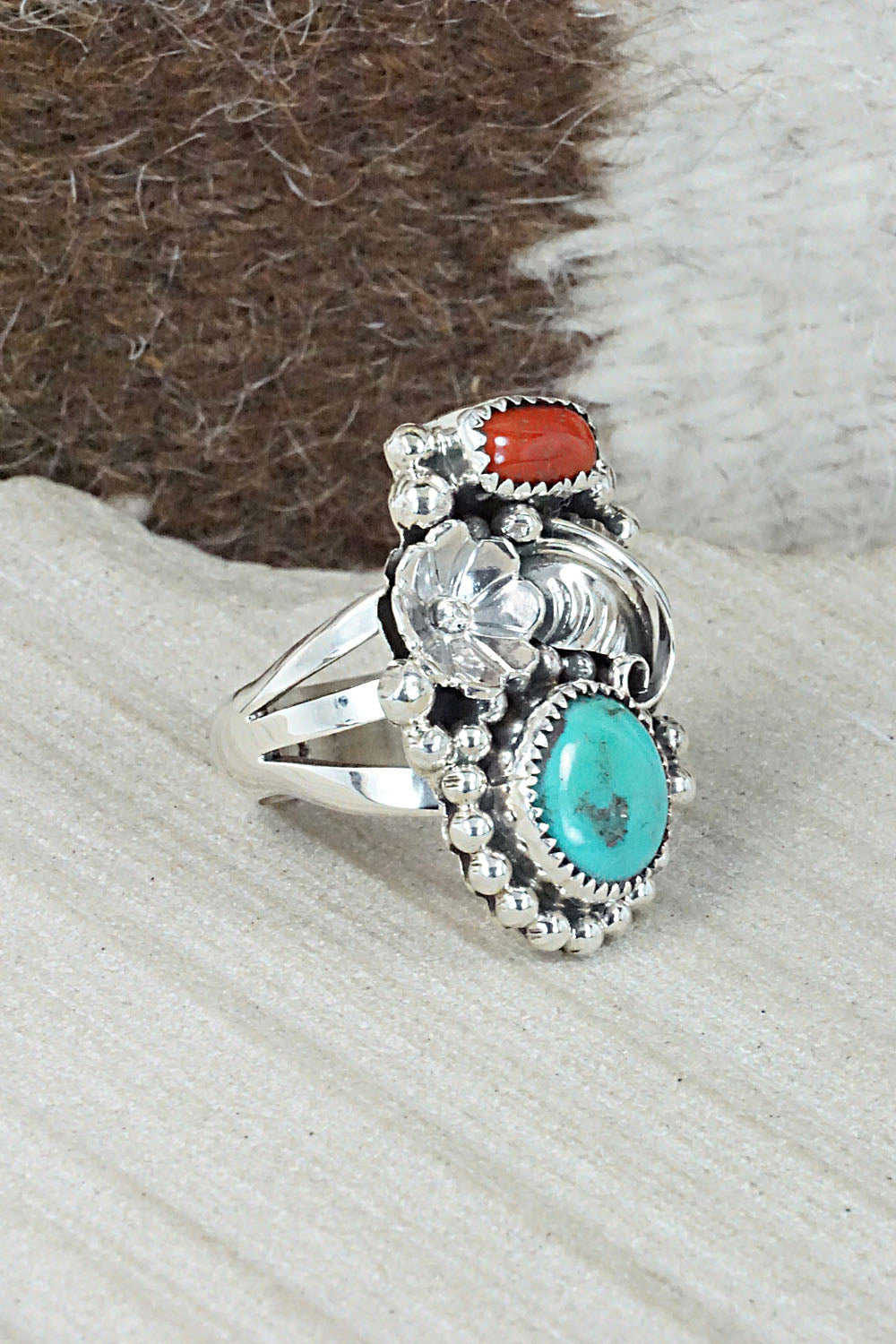 Turquoise, Coral & Sterling Silver Ring - Sandra Parkett - Size 8.75