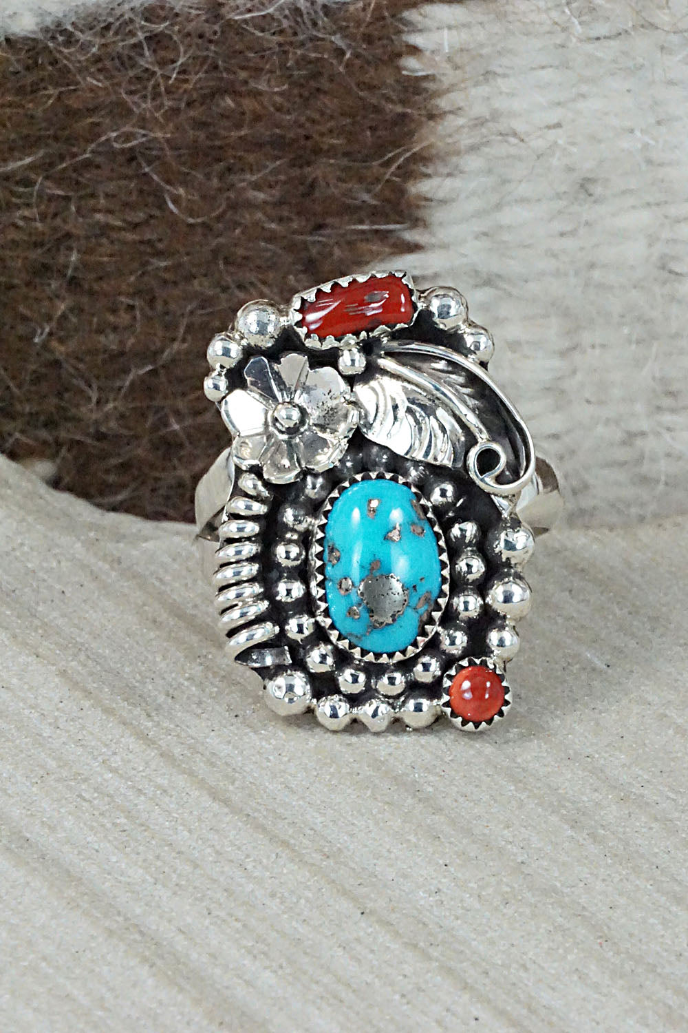 Turquoise, Coral & Sterling Silver Ring - Sandra Parkett - Size 8 (Adj.)