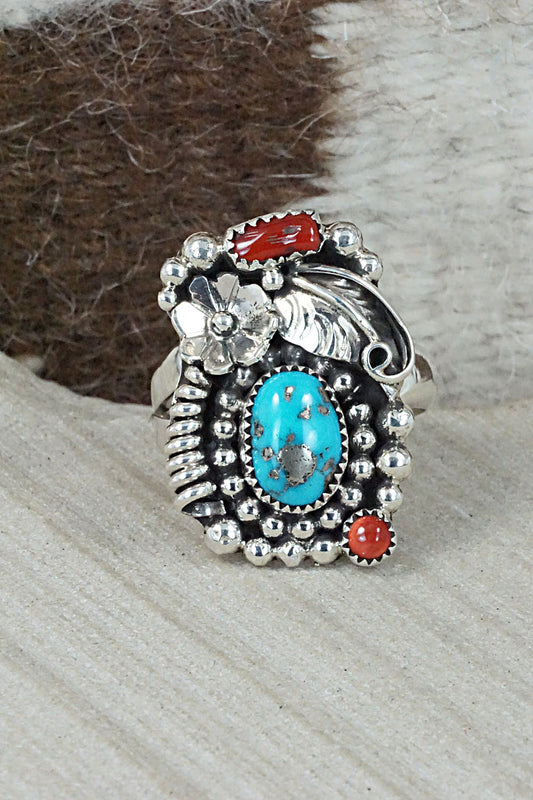 Turquoise, Coral & Sterling Silver Ring - Sandra Parkett - Size 8 (Adj.)