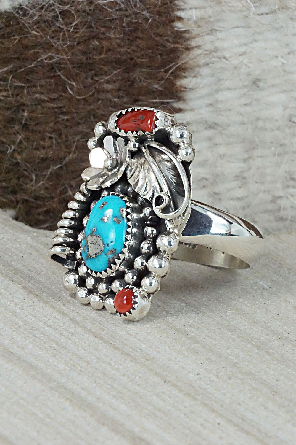Turquoise, Coral & Sterling Silver Ring - Sandra Parkett - Size 8 (Adj.)
