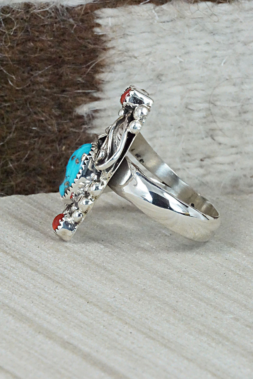 Turquoise, Coral & Sterling Silver Ring - Sandra Parkett - Size 8 (Adj.)