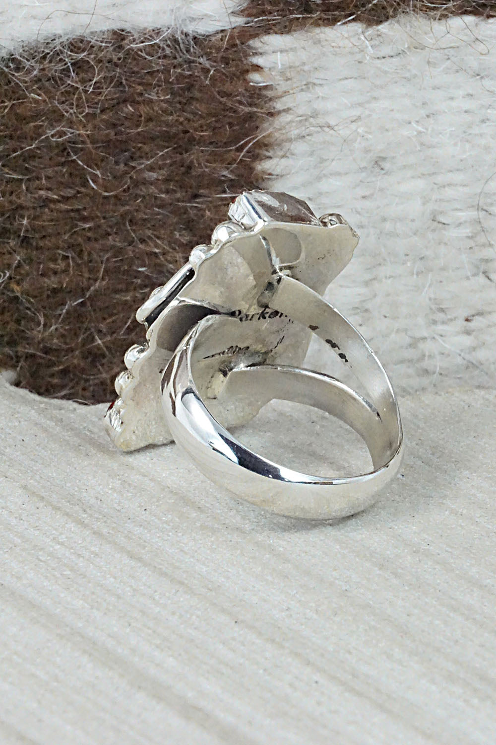 Turquoise, Coral & Sterling Silver Ring - Sandra Parkett - Size 8 (Adj.)