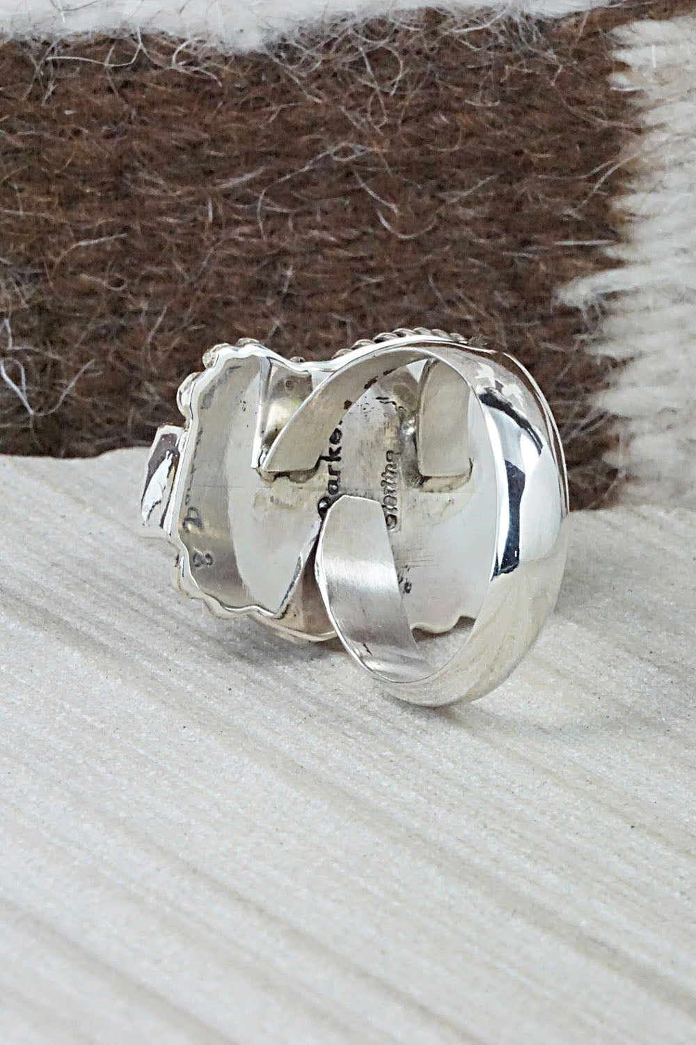 Turquoise, Coral & Sterling Silver Ring - Sandra Parkett - Size 8 (Adj.)