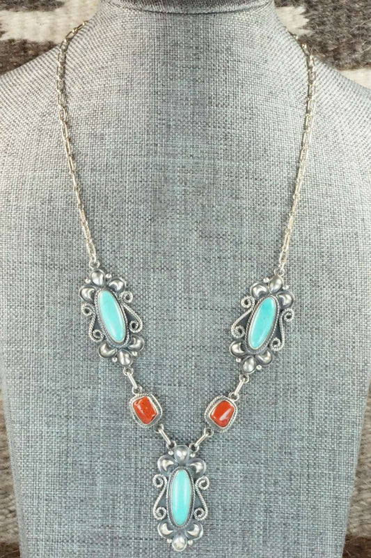 Turquoise, Coral & Sterling Silver Necklace - Navajo