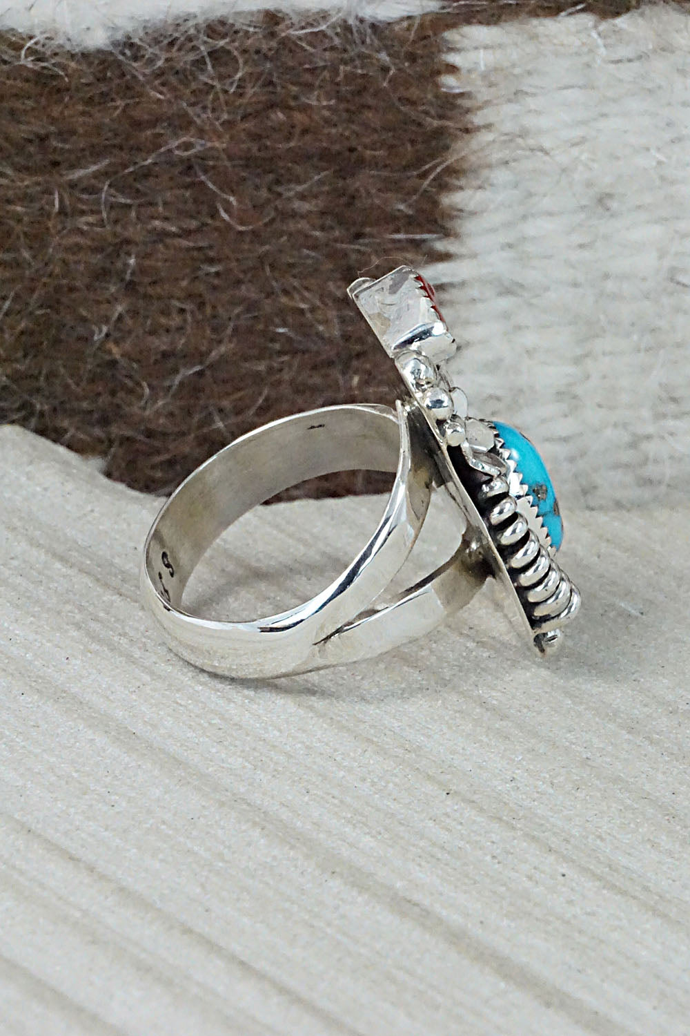 Turquoise, Coral & Sterling Silver Ring - Sandra Parkett - Size 8 (Adj.)