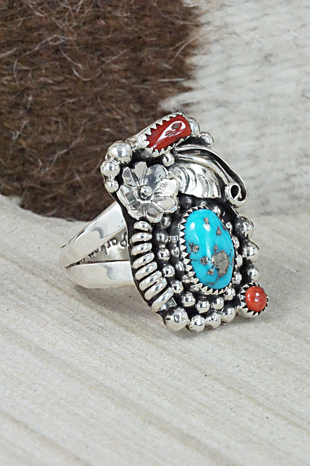 Turquoise, Coral & Sterling Silver Ring - Sandra Parkett - Size 8 (Adj.)
