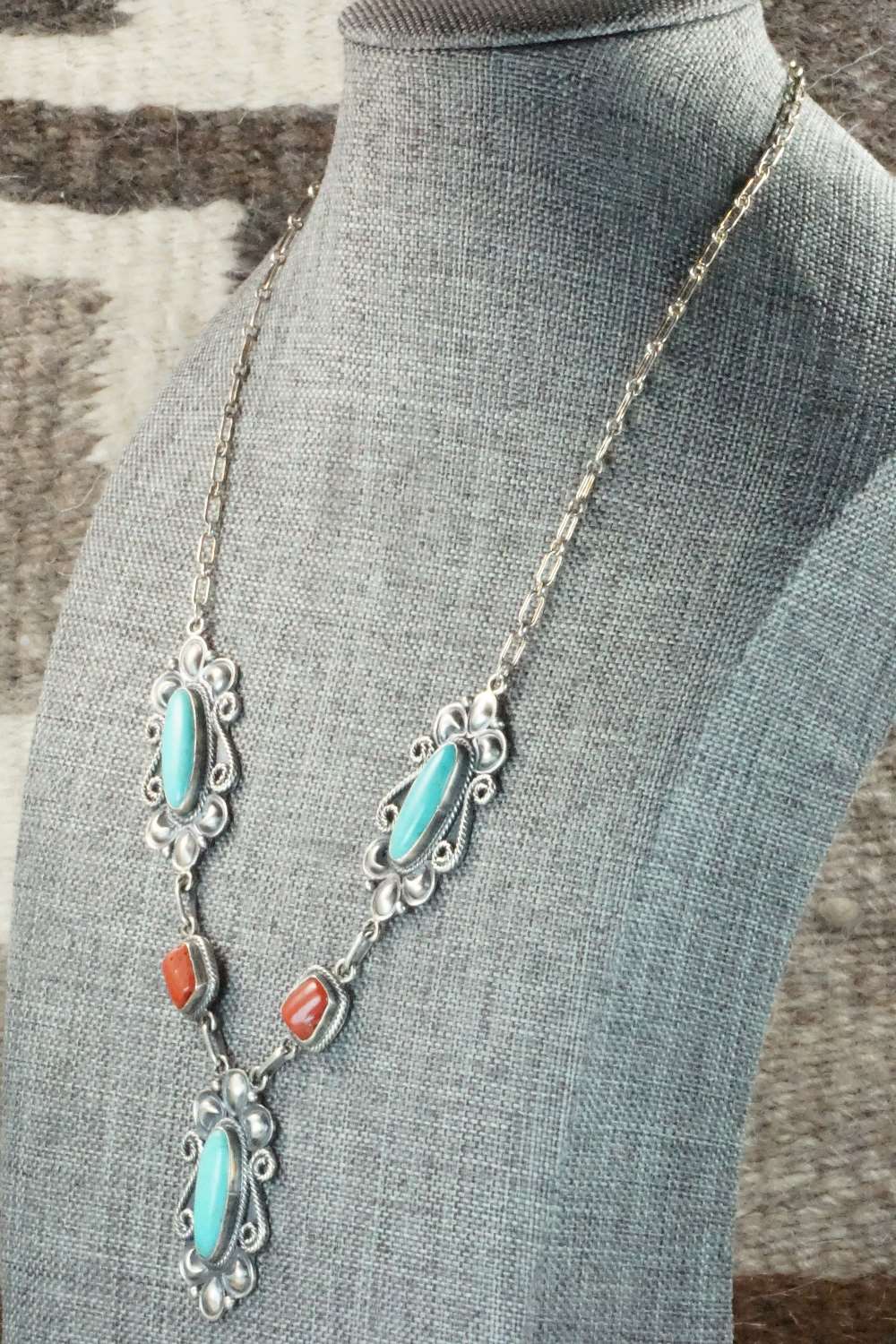 Turquoise, Coral & Sterling Silver Necklace - Navajo