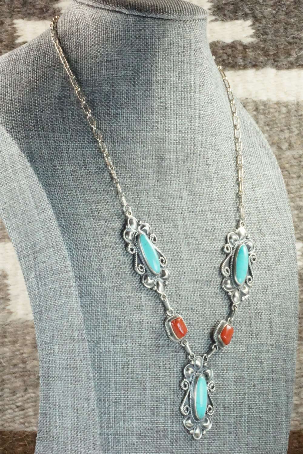 Turquoise, Coral & Sterling Silver Necklace - Navajo