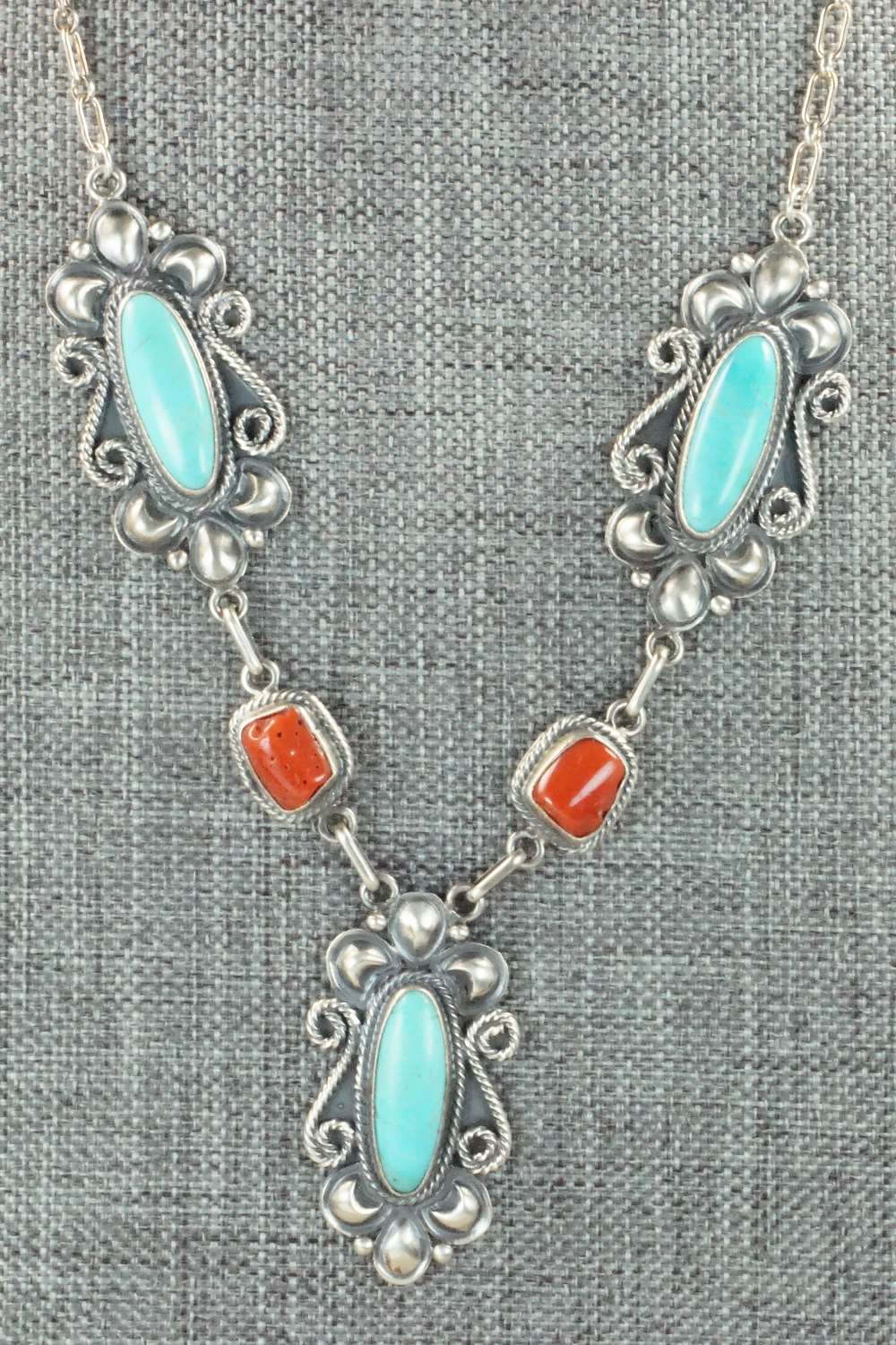 Turquoise, Coral & Sterling Silver Necklace - Navajo
