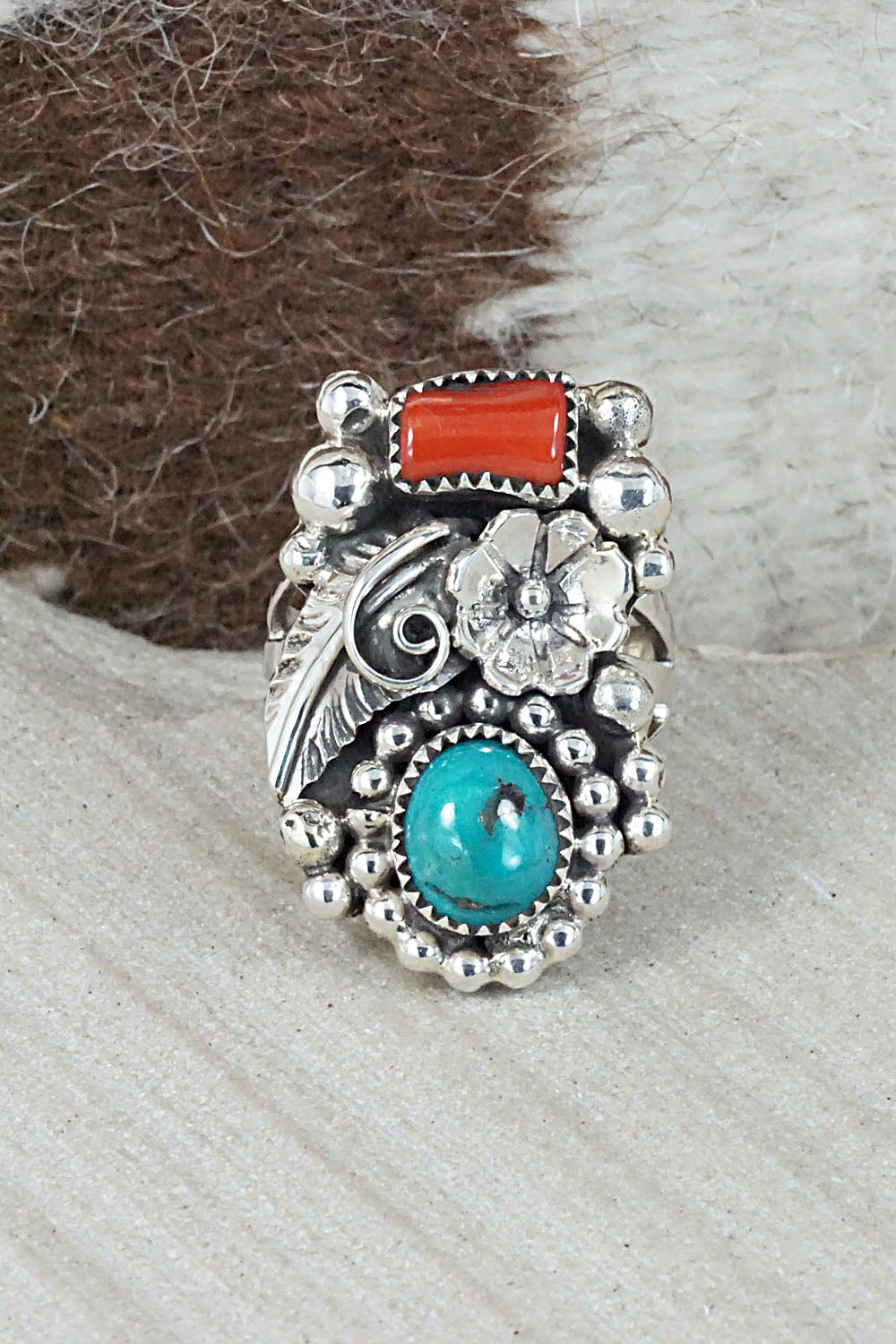 Turquoise, Coral & Sterling Silver Ring - Sandra Parkett - Size 7.5
